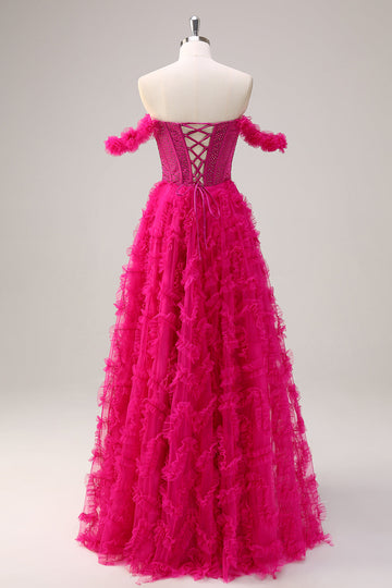 Fuchsia A-Line Tiered Off the Shoulder Long Corset Formal Dress with Beading
